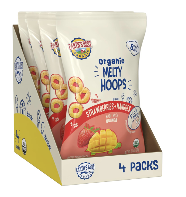 Earth's Best Organic Melty Hoops, Bite-Sized Snacks for Babies 8 Months and Up, Strawberry and Mango, 0.70 Ounce Bags (Pack of 4)